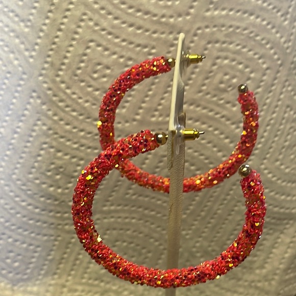 🎉❤️ Mona Large Coral Glitter Hoop Earrings Jewelry Game Day - Picture 4 of 6